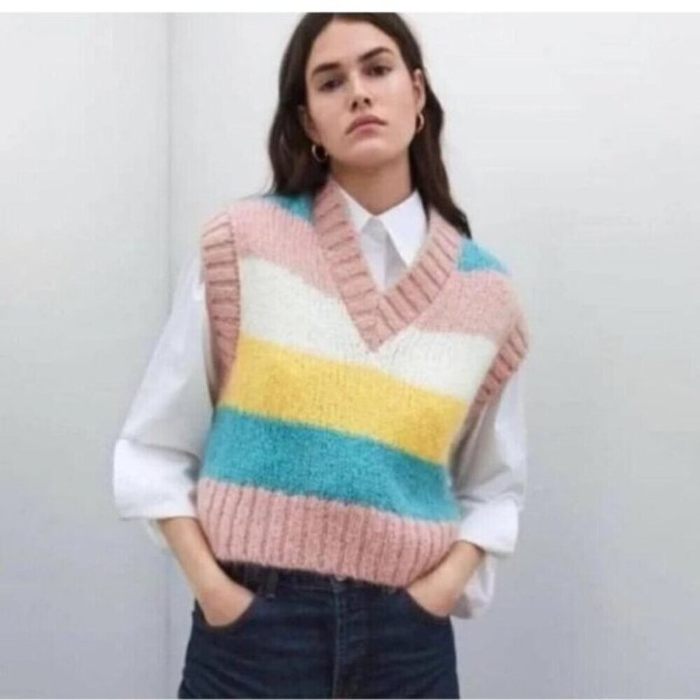 ZARA | Wool alpaca sweater vest striped sz M